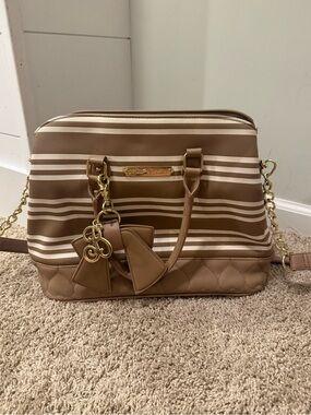 Betsey Johnson Taupe Stripe Satchel Crossbody Bow Charm Purse